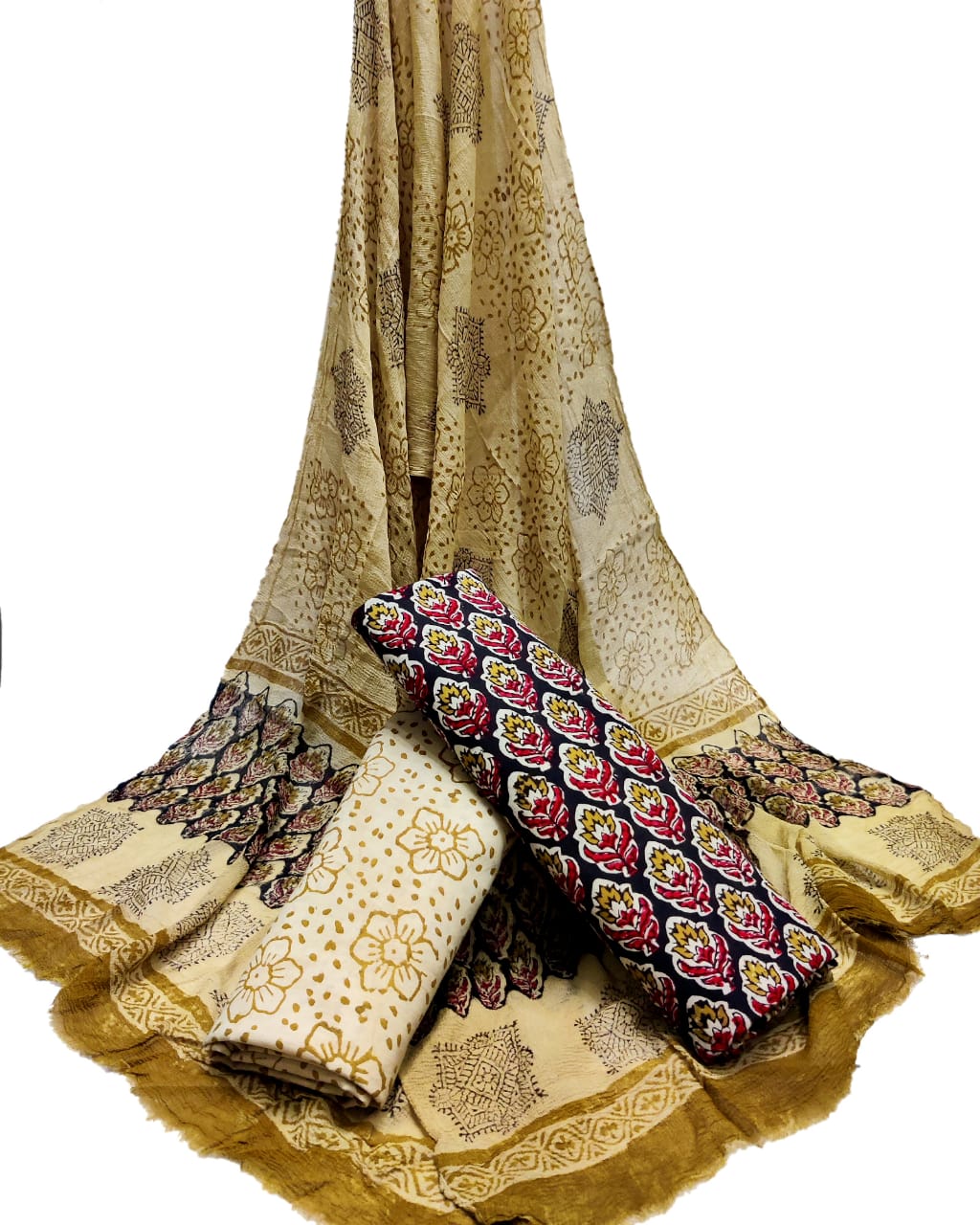 Unstitched Hand Block Printed Cotton Suit With Chiffon Dupatta - JBCF883