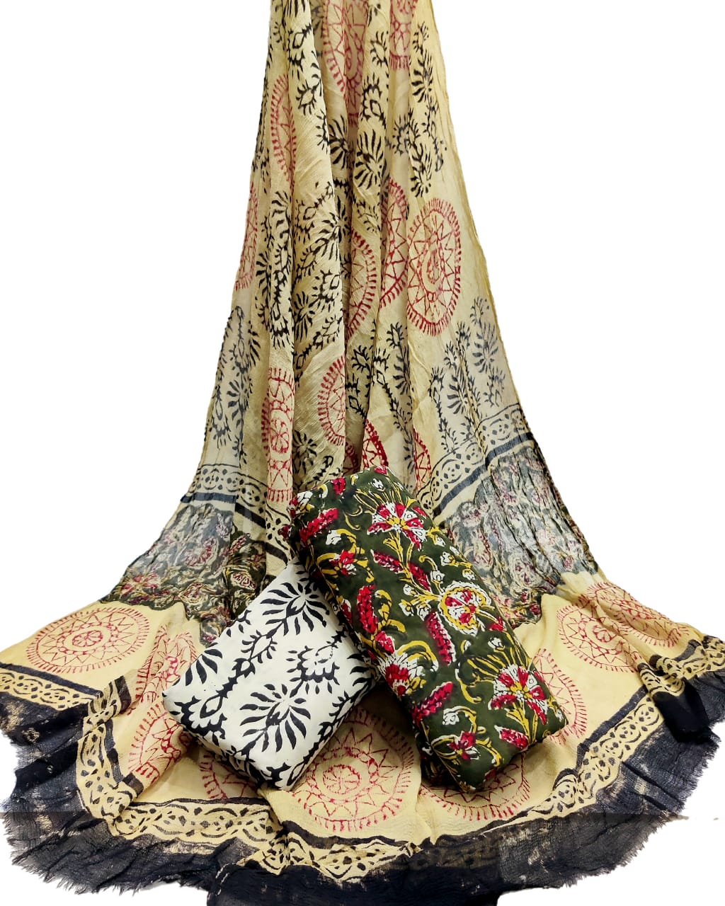 Hand Block Printed Unstitched Cotton Suit Set With Chiffon Dupatta - JBCF884