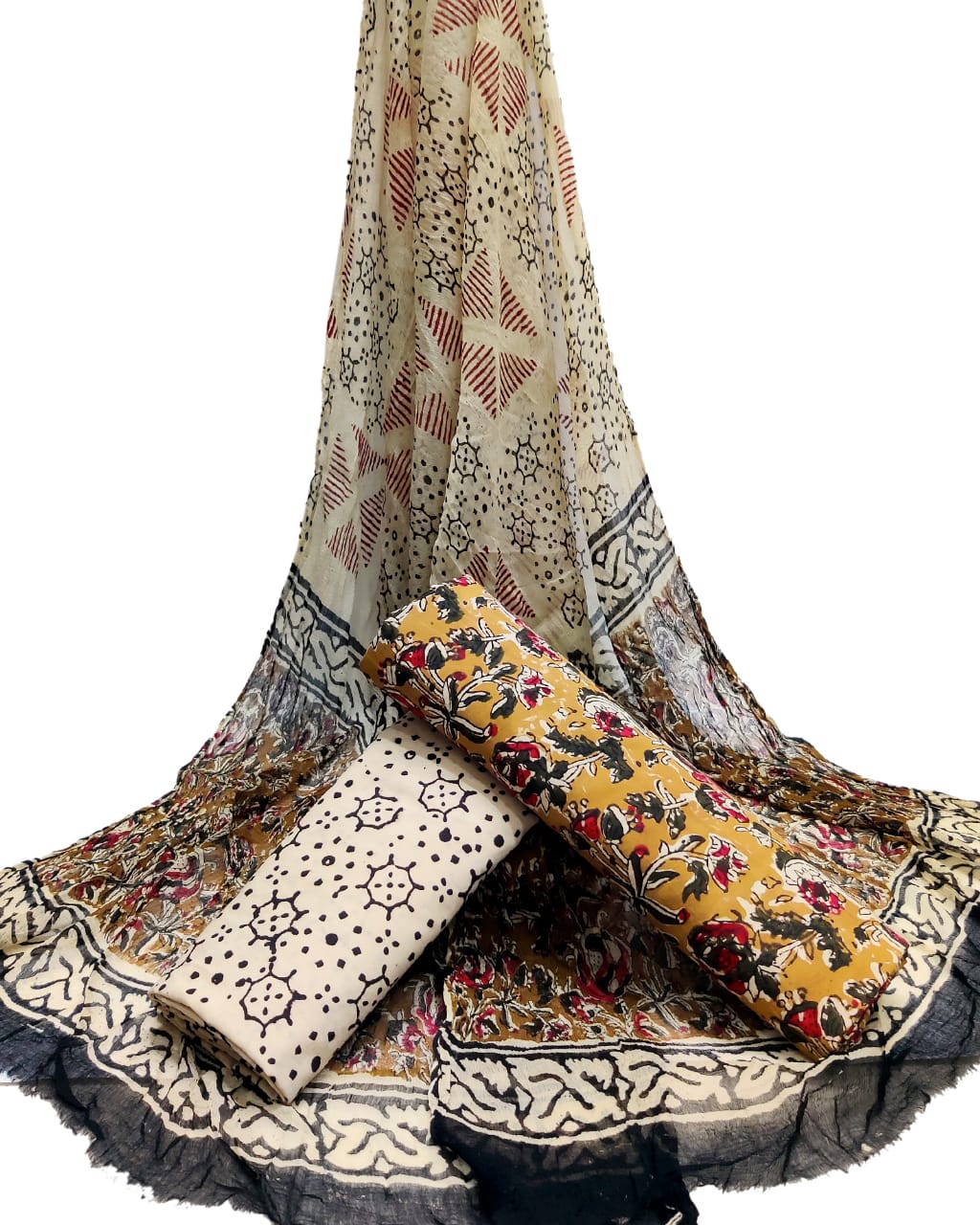 Hand Block Printed CottonUnstitched Salwar Suit with Chiffon Dupatta - JBCF885