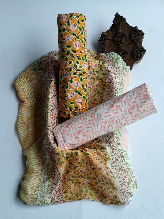 Unstitched Hand Block Printed Cotton Suit With Chiffon Dupatta - JBCF805