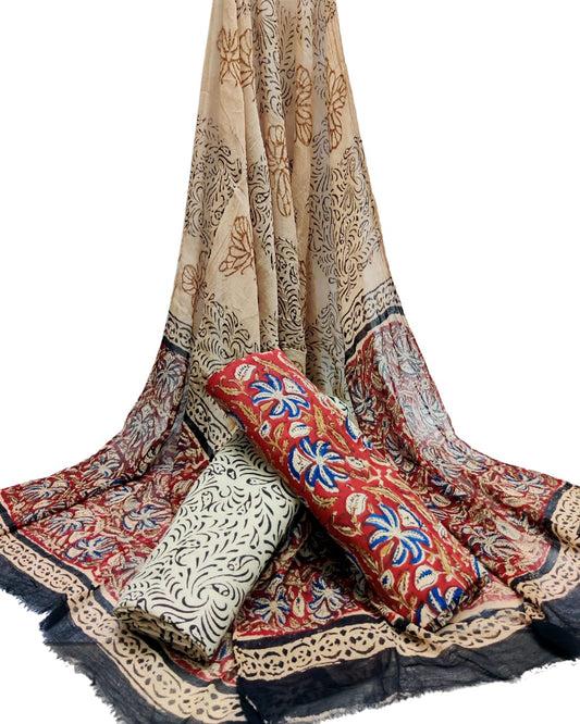 Unstitched Hand Block Printed Cotton Suit With Chiffon Dupatta - JBCF886
