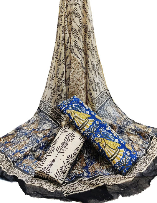 Hand Block Printed Unstitched Cotton Suit Set With Chiffon Dupatta - JBCF887