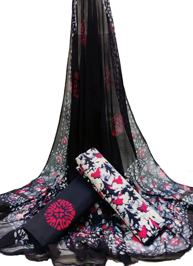 Hand Block Printed CottonUnstitched Salwar Suit with Chiffon Dupatta - JBCF888
