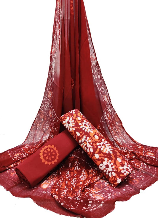 Unstitched Hand Block Printed Cotton Suit With Chiffon Dupatta - JBCF889