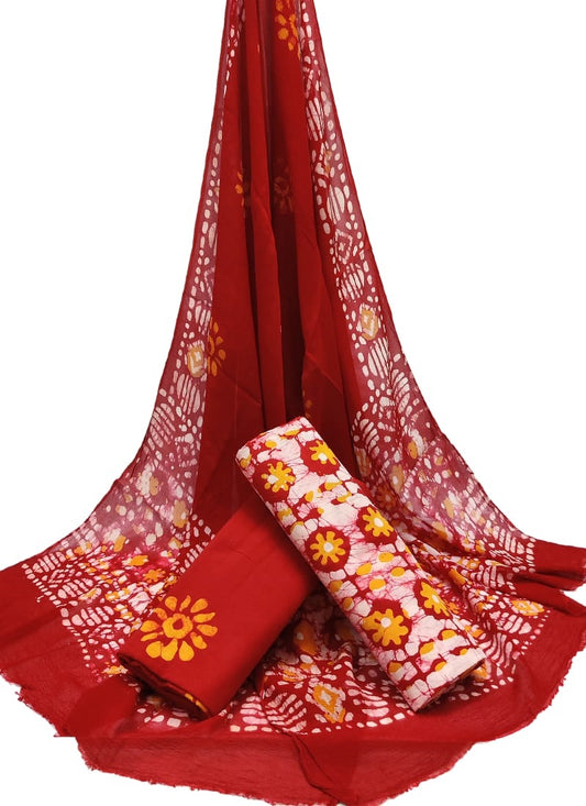 Hand Block Printed Unstitched Cotton Suit Set With Chiffon Dupatta - JBCF890