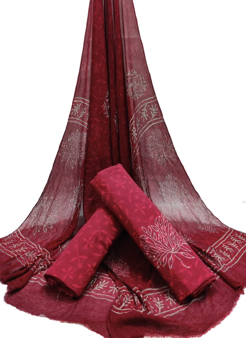 Hand Block Printed CottonUnstitched Salwar Suit with Chiffon Dupatta - JBCF894