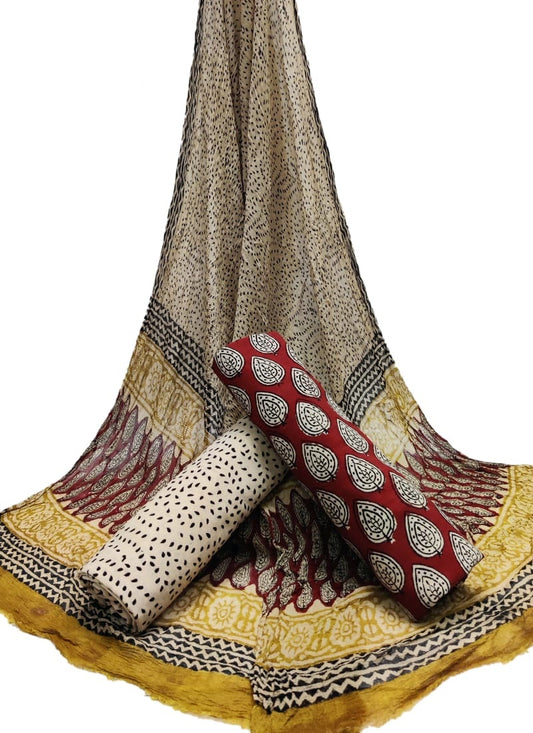 Unstitched Hand Block Printed Cotton Suit With Chiffon Dupatta - JBCF895