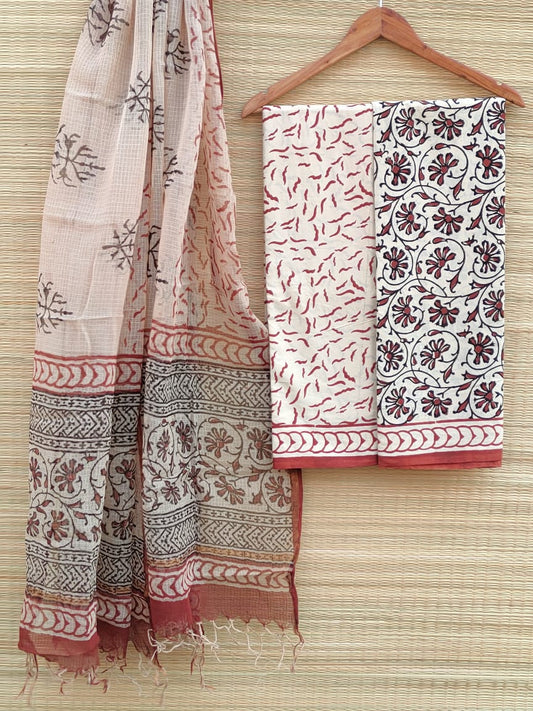 Kota Doriya Dupatta With Hand Block Printed Cotton Top-Bottom Salwar Suit Set - JBKD60