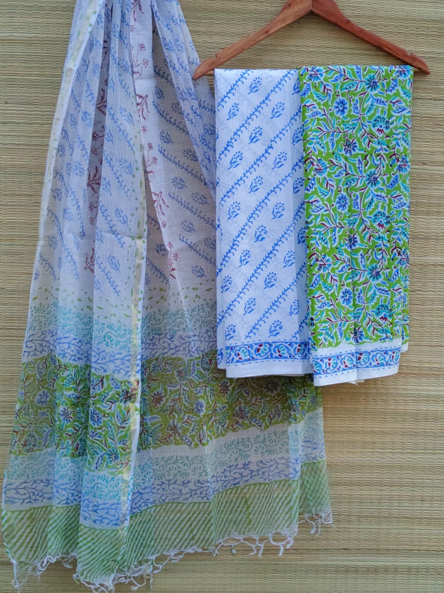 Kota Doriya Dupatta And Cotton Top Bottom Hand Block Printed Salwar Suit Set - JBKD62