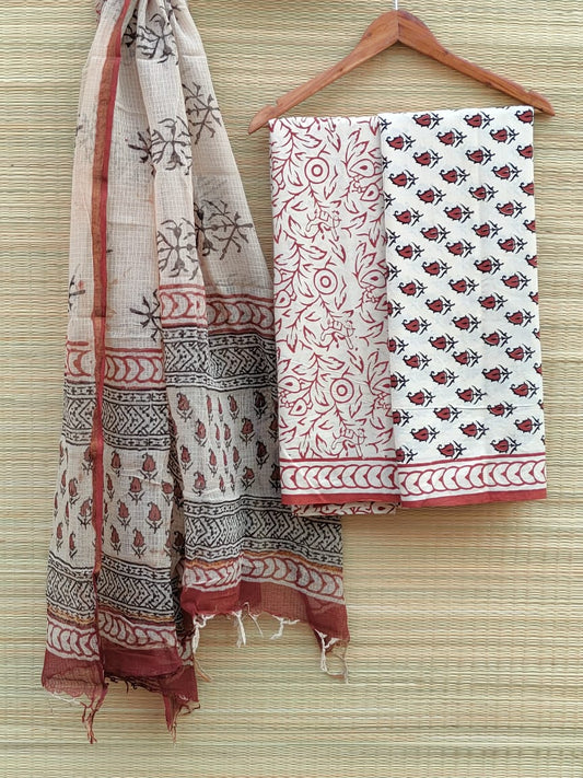 Hand Block Printed Cotton Salwar Suit Set With Kota Doriya Dupatta - JBKD66