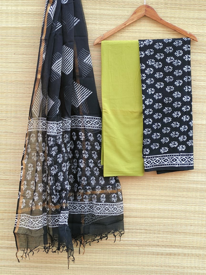 HandBlock Kota Doriya Dupatta With Cotton Top And Bottom Salwar Suit Set - JBKD71