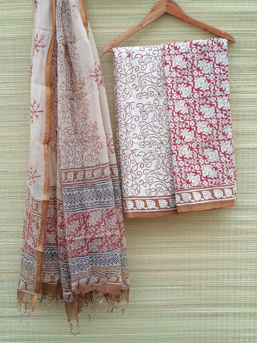 Bagru Print Hand Block Kota Doriya Dupatta With Cotton Top Bottom Salwar Suit Set - JBKD72