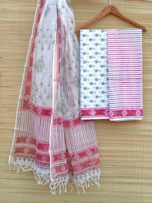 Kota Doriya Dupatta With Hand Block Printed Cotton Top-Bottom Salwar Suit Set - JBKD76