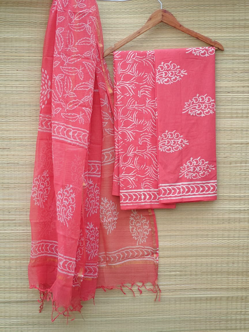 Hand Block Printed Cotton Salwar Suit Set With Kota Doriya Dupatta - JBKD82
