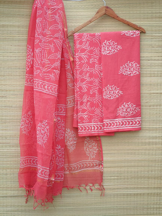 Hand Block Printed Cotton Salwar Suit Set With Kota Doriya Dupatta - JBKD82