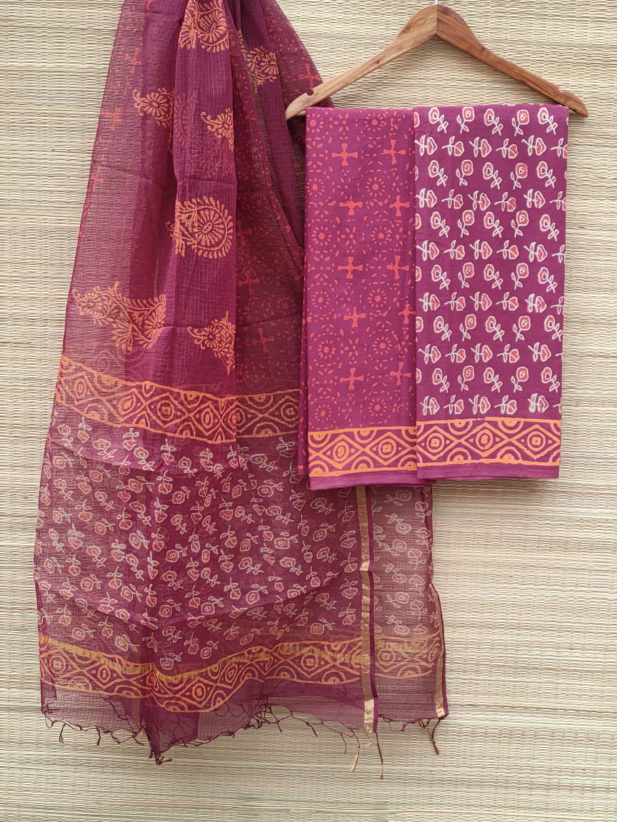Kota Doriya Dupatta With Hand Block Printed Cotton Top-Bottom Salwar Suit Set - JBKD84