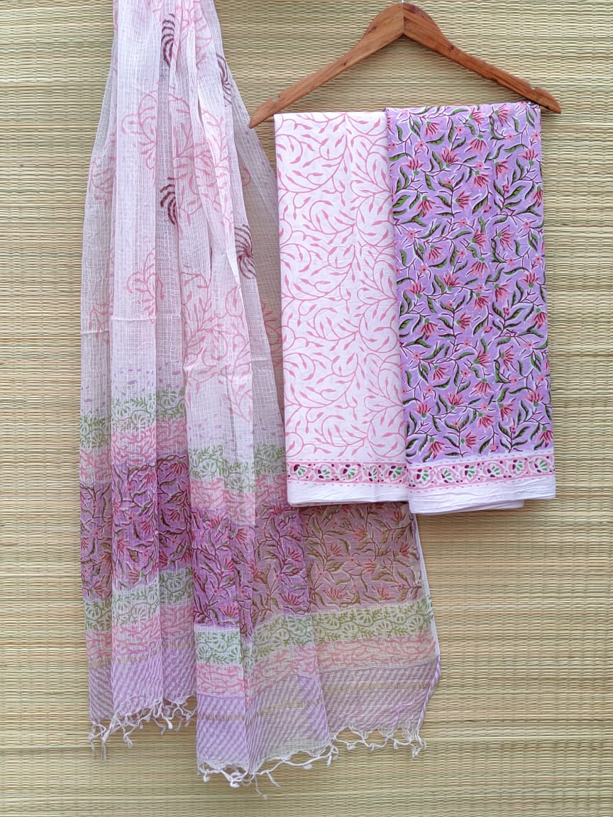 HandBlock Kota Doriya Dupatta With Cotton Top And Bottom Salwar Suit Set - JBKD87
