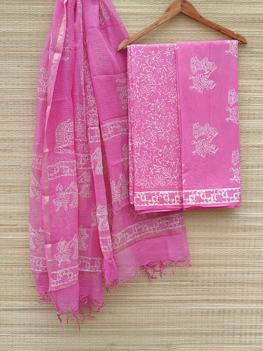 Bagru Print Hand Block Kota Doriya Dupatta With Cotton Top Bottom Salwar Suit Set - JBKD88