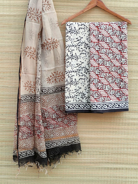 HandBlock Kota Doriya Dupatta With Cotton Top And Bottom Salwar Suit Set - JBKD55