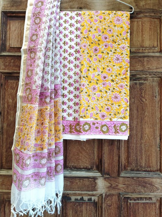 Bagru Print Hand Block Kota Silk Dupatta With Cotton Top Bottom Salwar Suit Set - JBKD119