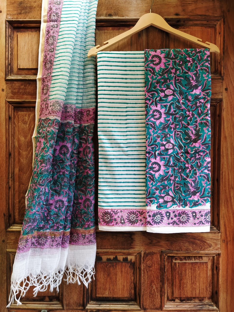 Kota Silk Dupatta With Hand Block Printed Cotton Top-Bottom Salwar Suit Set - JBKD129
