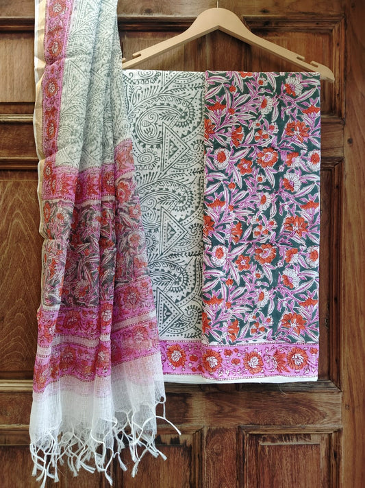 Bagru Print Hand Block Kota Silk Dupatta With Cotton Top Bottom Salwar Suit Set - JBKD131