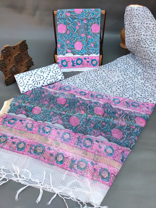 Kota Silk Dupatta With Hand Block Printed Cotton Top-Bottom Salwar Suit Set - JBKD135