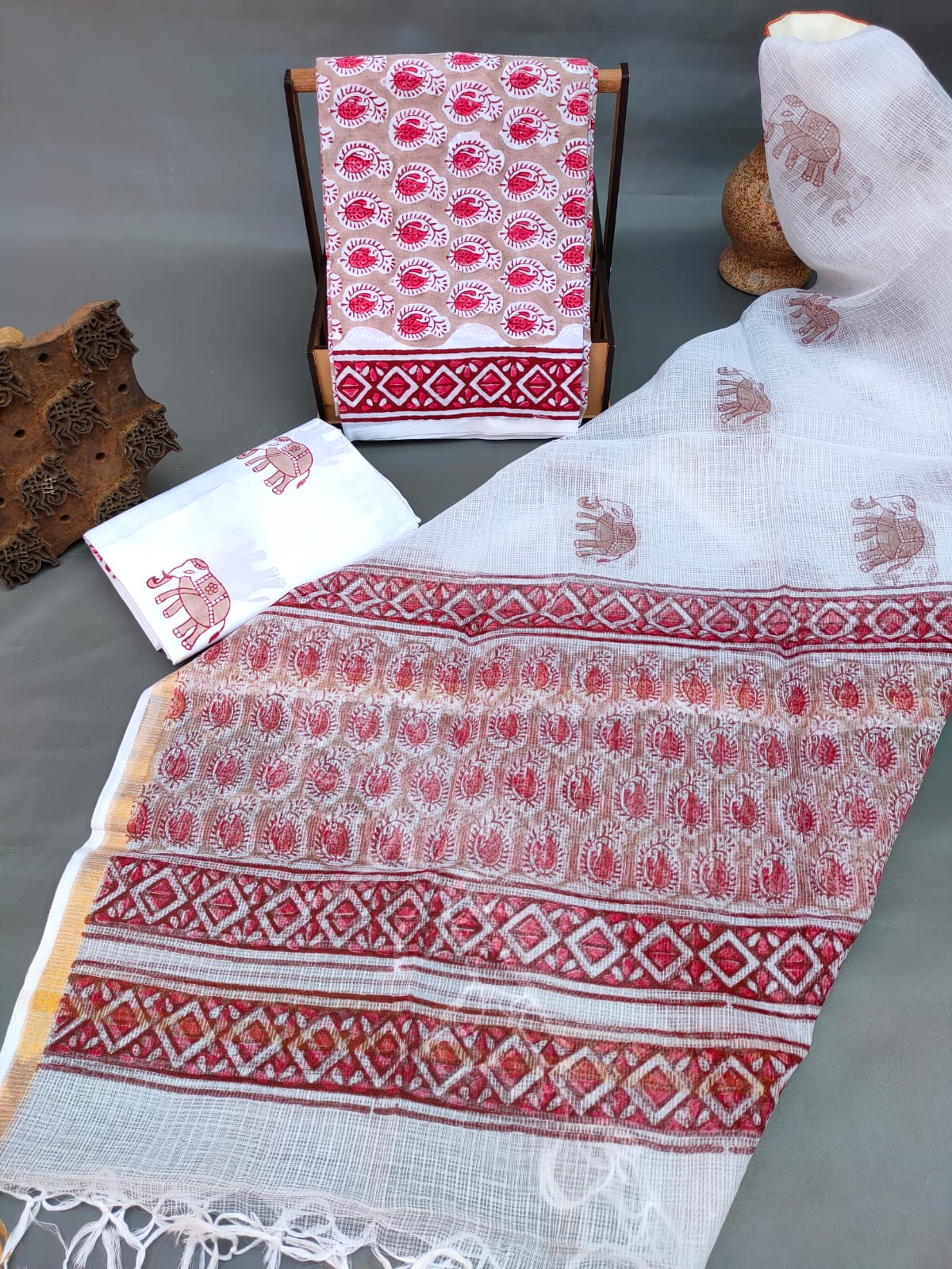 HandBlock Kota Silk Dupatta With Cotton Top And Bottom Salwar Suit Set - JBKD136