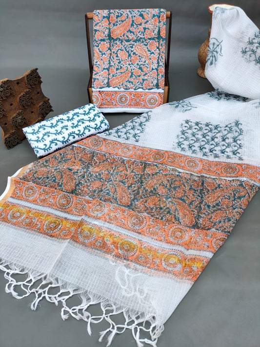 Bagru Print Hand Block Kota Silk Dupatta With Cotton Top Bottom Salwar Suit Set - JBKD137