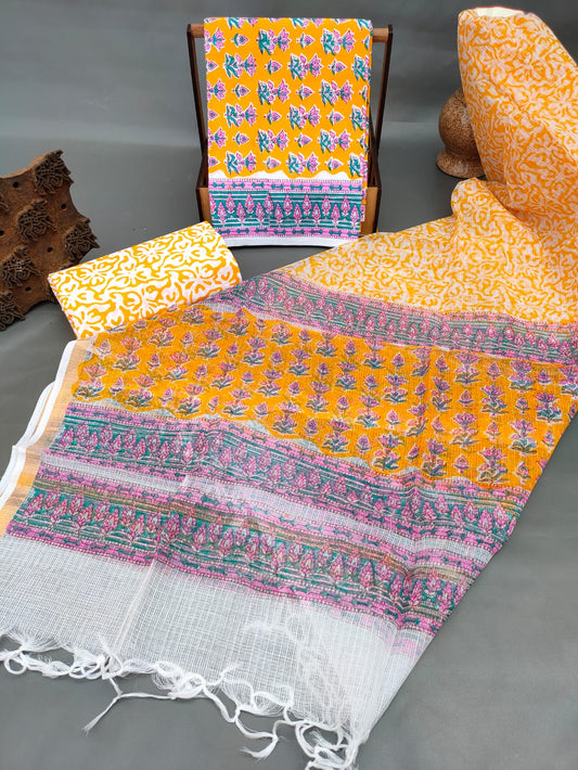 Kota Silk Dupatta With Hand Block Printed Cotton Top-Bottom Salwar Suit Set - JBKD141