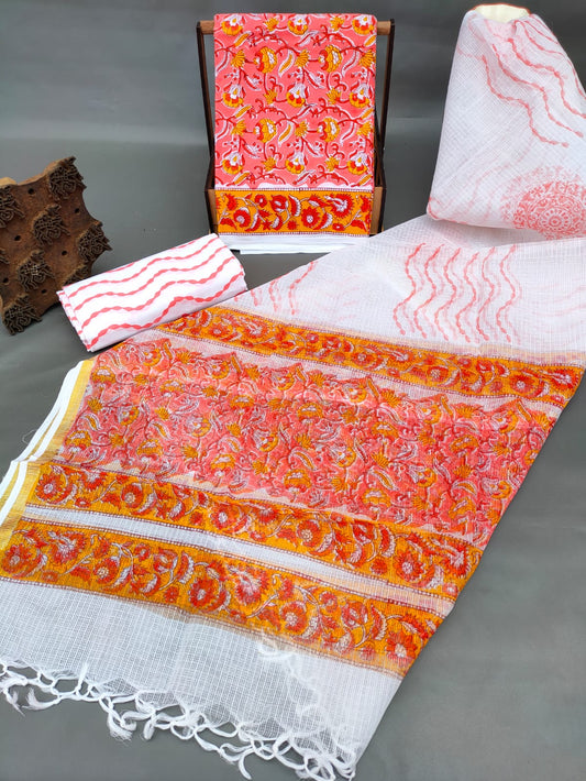 Bagru Print Hand Block Kota Silk Dupatta With Cotton Top Bottom Salwar Suit Set - JBKD143