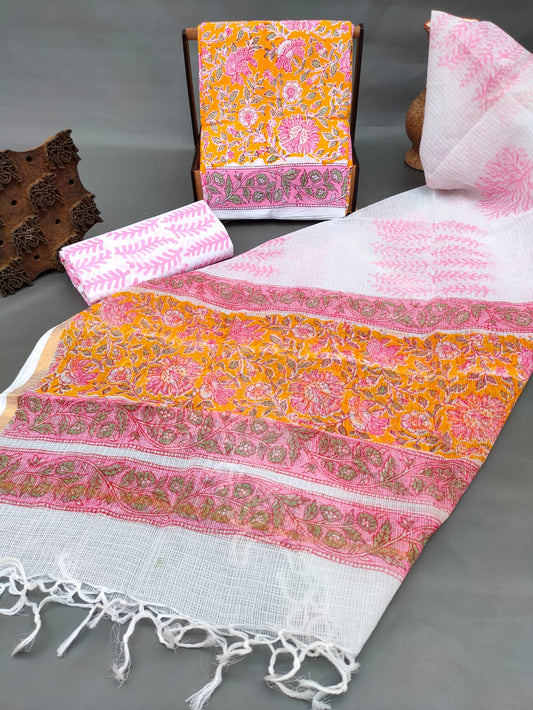 Hand Block Printed Cotton Salwar Suit Set With Kota Silk Dupatta - JBKD145