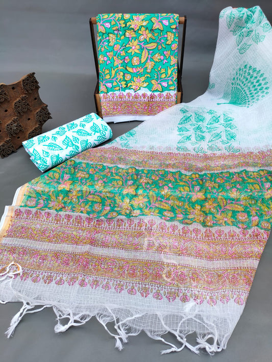 Kota Silk Dupatta With Hand Block Printed Cotton Top-Bottom Salwar Suit Set - JBKD153