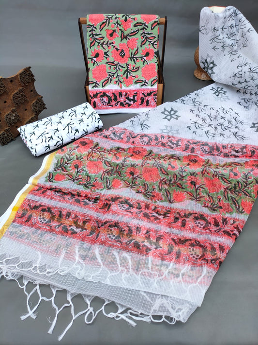 Bagru Print Hand Block Kota Silk Dupatta With Cotton Top Bottom Salwar Suit Set - JBKD155