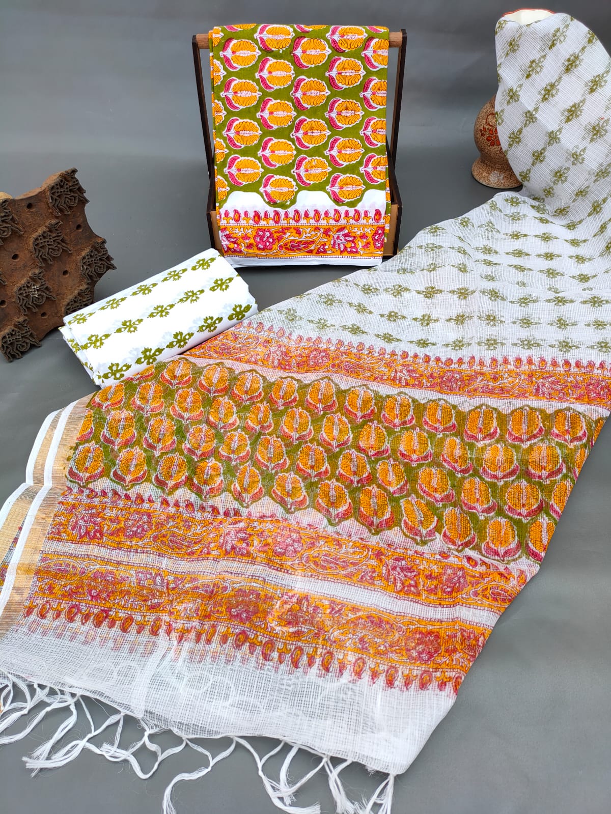 Hand Block Printed Cotton Salwar Suit Set With Kota Silk Dupatta - JBKD157