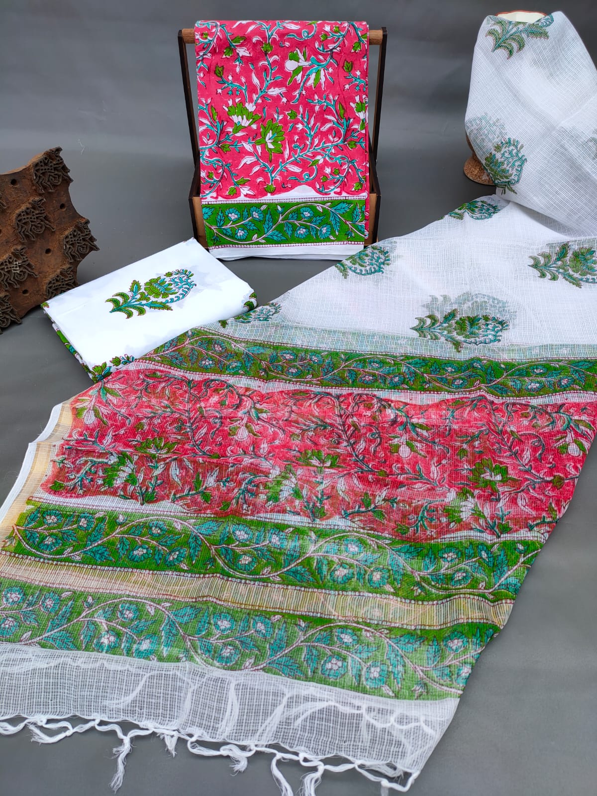 Kota Silk Dupatta With Hand Block Printed Cotton Top-Bottom Salwar Suit Set - JBKD159