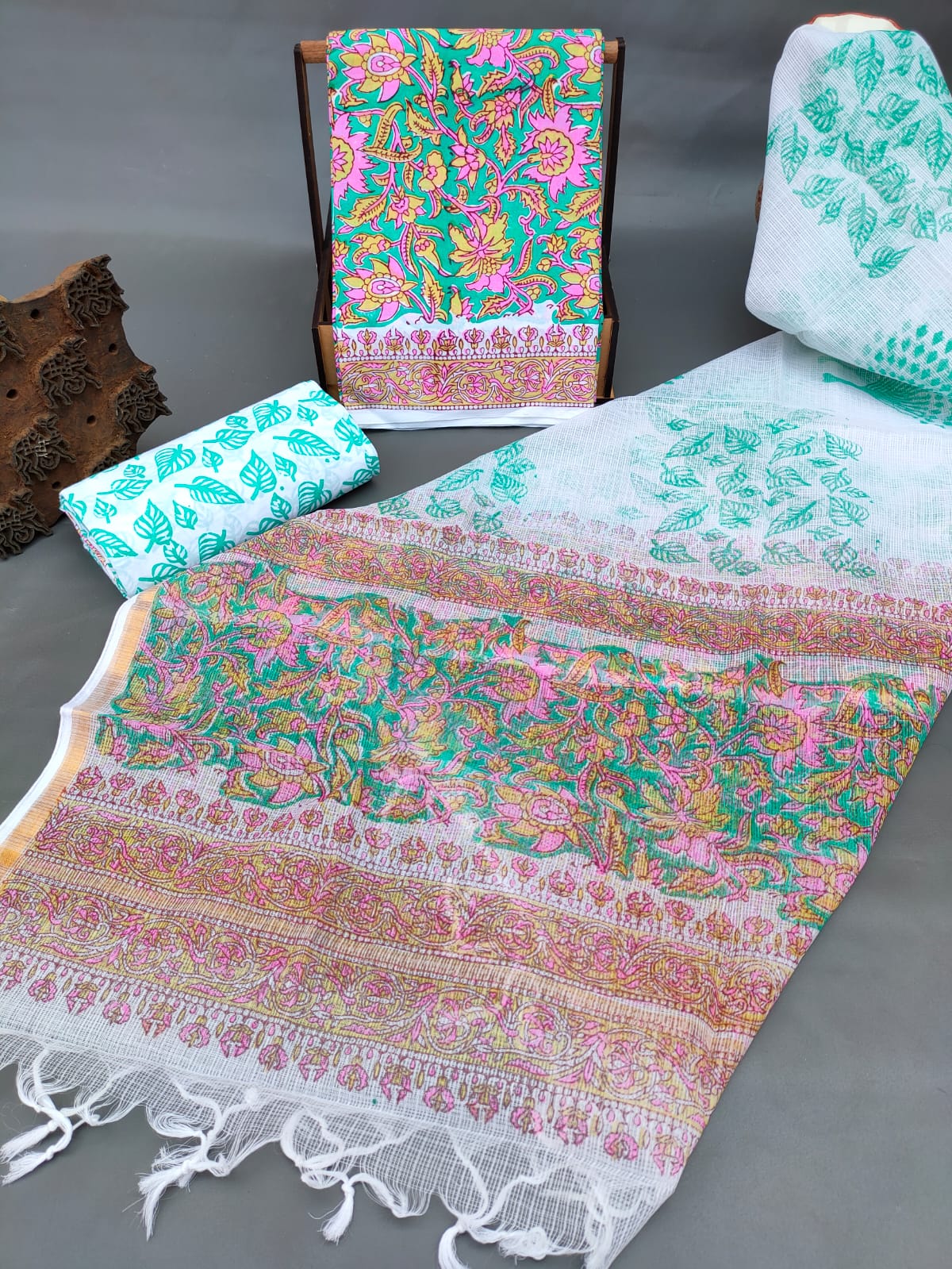 Bagru Print Hand Block Kota Silk Dupatta With Cotton Top Bottom Salwar Suit Set - JBKD161