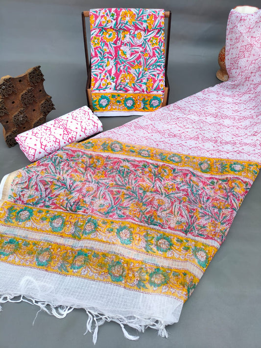 Kota Silk Dupatta With Hand Block Printed Cotton Top-Bottom Salwar Suit Set - JBKD165