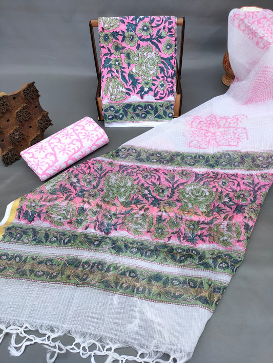 HandBlock Kota Silk Dupatta With Cotton Top And Bottom Salwar Suit Set - JBKD166