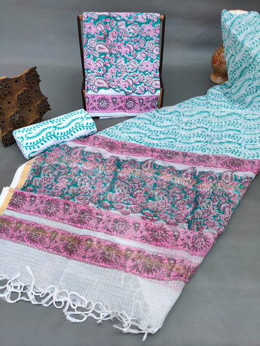 Bagru Print Hand Block Kota Silk Dupatta With Cotton Top Bottom Salwar Suit Set - JBKD167