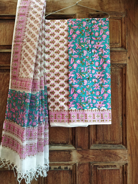 Kota Silk Dupatta With Hand Block Printed Cotton Top-Bottom Salwar Suit Set - JBKD123