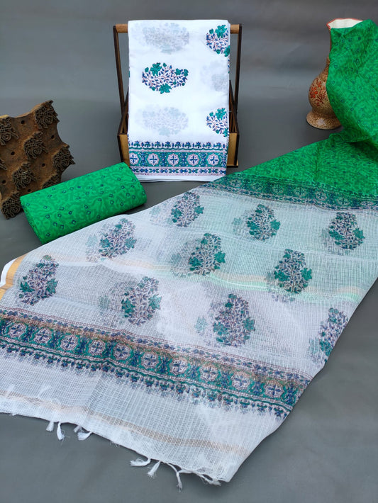 Hand Block Printed Cotton Salwar Suit Set With Kota Silk Dupatta - JBKD169