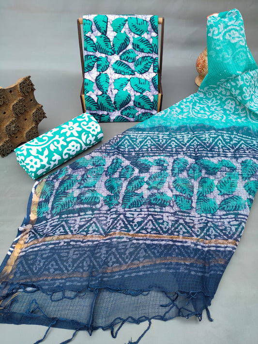 Kota Silk Dupatta Hand Block Printed Cotton Salwar Suit Set - JBKD170