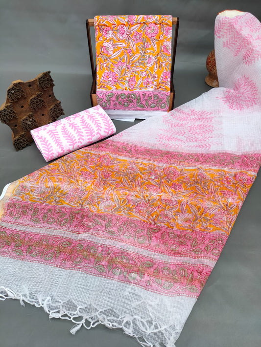 HandBlock Kota Silk Dupatta With Cotton Top And Bottom Salwar Suit Set - JBKD172