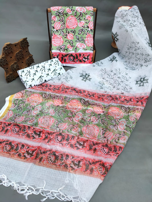 Bagru Print Hand Block Kota Silk Dupatta With Cotton Top Bottom Salwar Suit Set - JBKD173