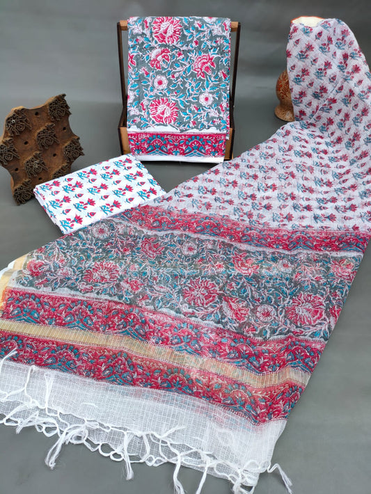 Kota Silk Dupatta With Hand Block Printed Cotton Top-Bottom Salwar Suit Set - JBKD177