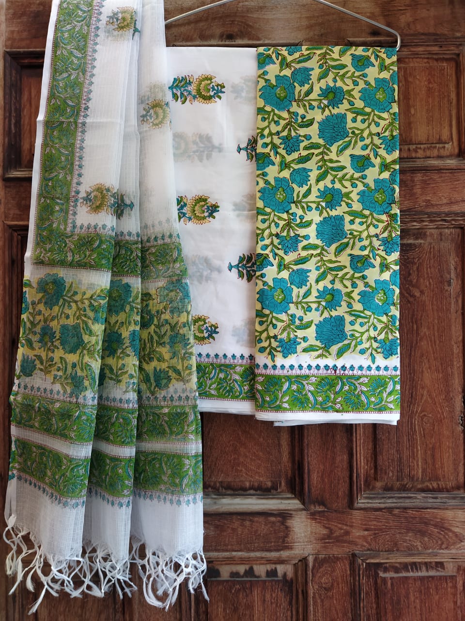 HandBlock Kota Silk Dupatta With Cotton Top And Bottom Salwar Suit Set - JBKD124
