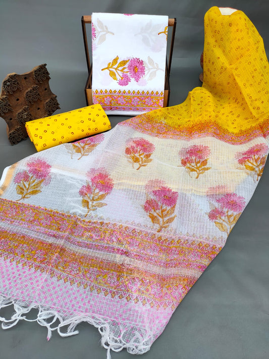 Bagru Print Hand Block Kota Silk Dupatta With Cotton Top Bottom Salwar Suit Set - JBKD179