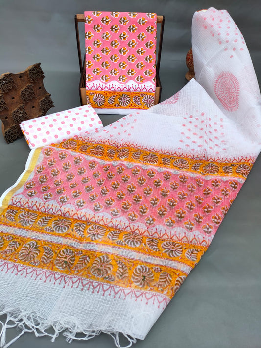 Hand Block Printed Cotton Salwar Suit Set With Kota Silk Dupatta - JBKD181