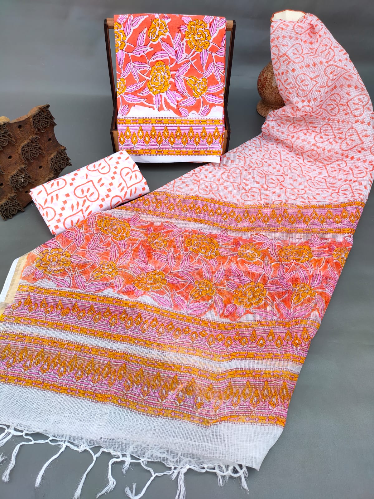 HandBlock Kota Silk Dupatta With Cotton Top And Bottom Salwar Suit Set - JBKD184